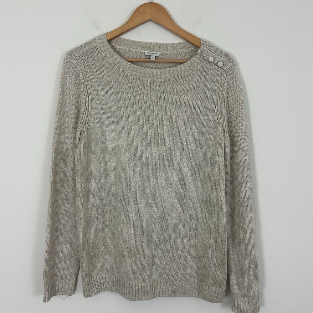 Talbots Sweater Beige Metallic Shimmer Pearl Button Shoulder Office Wool Medium